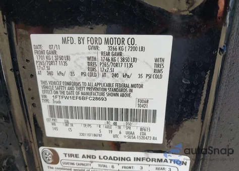 2011 Ford F-150 Xl из США, поврежденный, VIN 1FTFW1EF6BFC28693